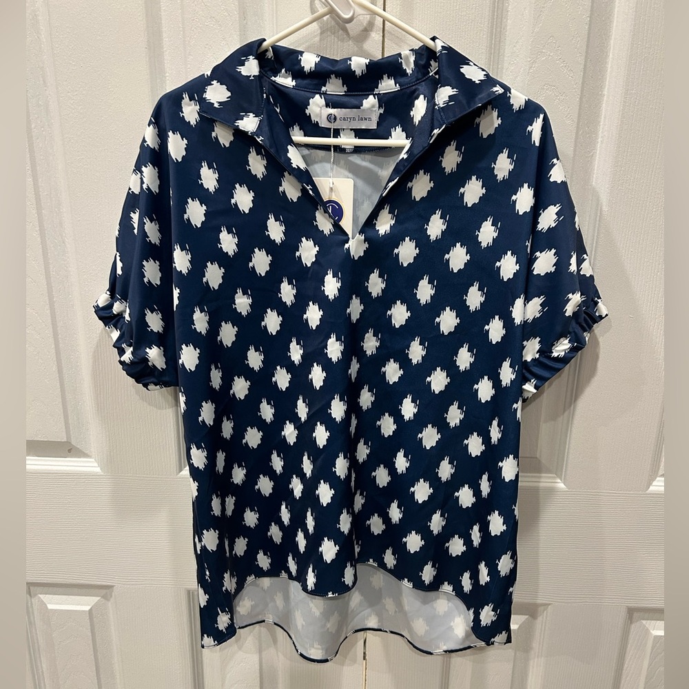 NEW CARYN LAWN Betsy Collared Satiny Flowy Popover Top Blue Fits Sizes 2 - 12